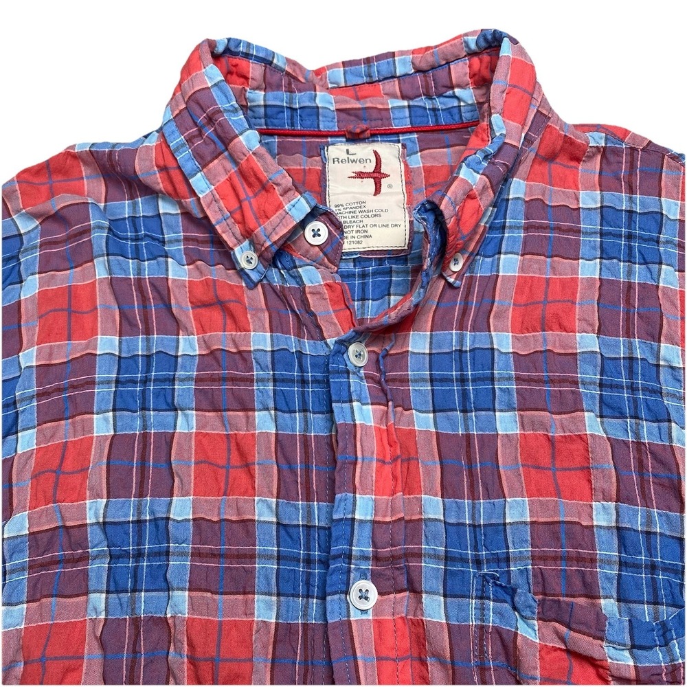 Relwen Huckberry Rumpled Lawn Shirt L Mens L/S Button Down Red Blue Plaid